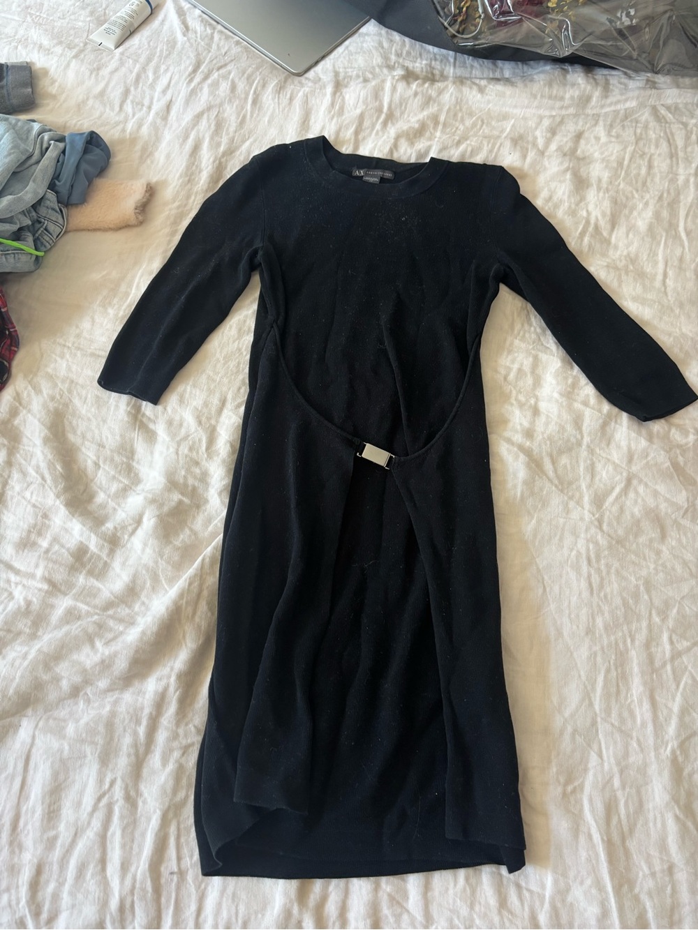 Armani Exchange Black Midi Knit Dress with Belt Accent